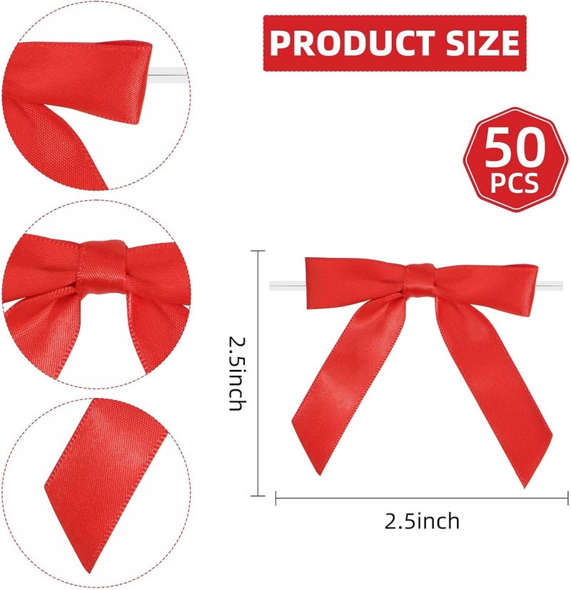 Sokfone Red Ribbon Bows for Crafts Twist Tie Red Bows for Christmas Premade Gift Bows for Treat Bags Cake Pop Crafts Gift Bag Wedding Favors Goodies Bagging,Christmas DIY Party Decorations - 50 Counts - Image 3